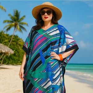 VTG Blue Hawaii Honolulu Caftan One Size Kaftan Muumuu Dress Tropical Palm Print